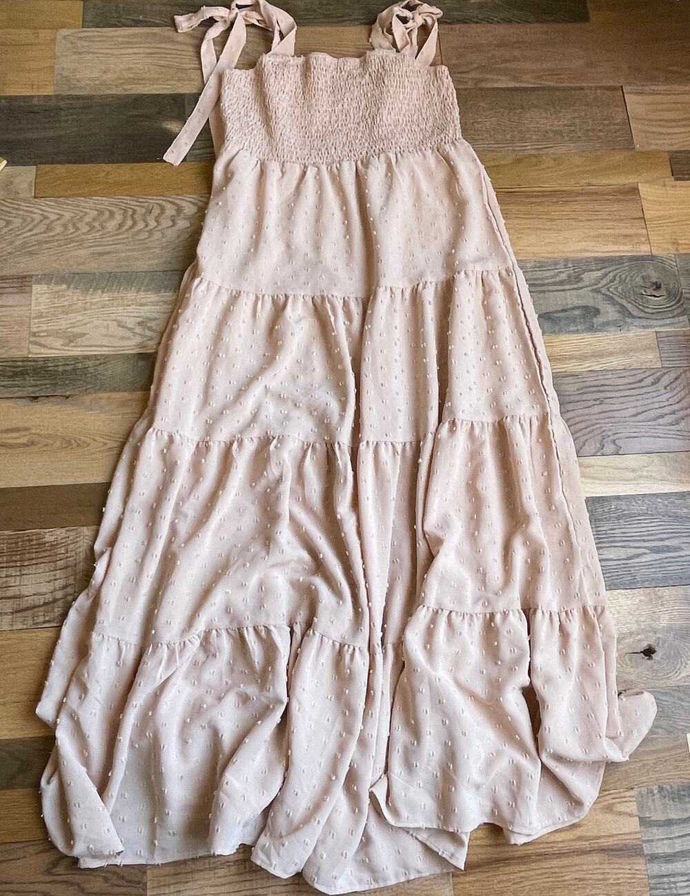 Swiss Dot Tiered Maxi Dress Tan Smocked Tie Strap Cottagecore 0XL